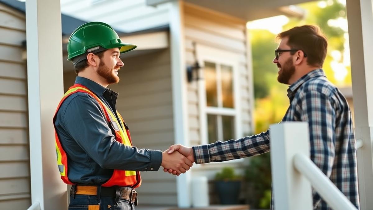 Contractor and homeowner shaking hands on a porch