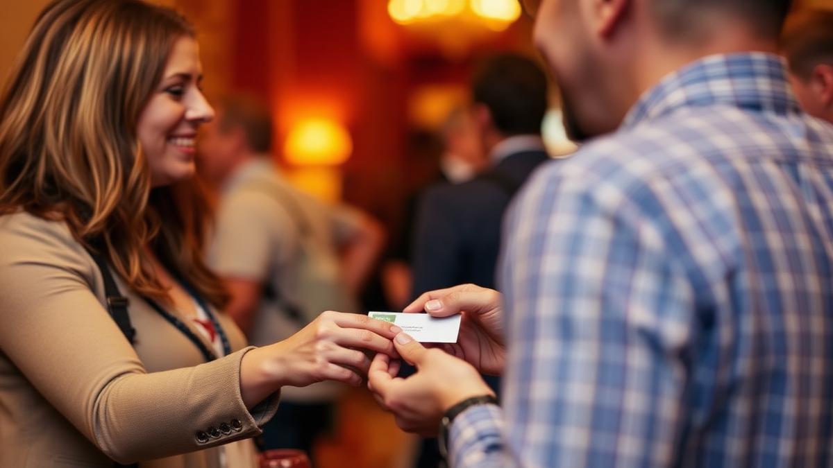 Two people exchanging a business card at a local meetup