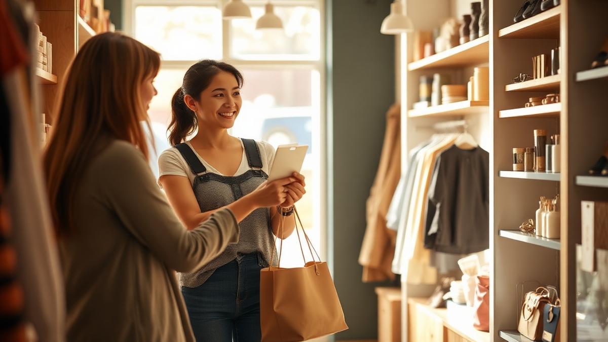 Local shop owner serving a smiling customer