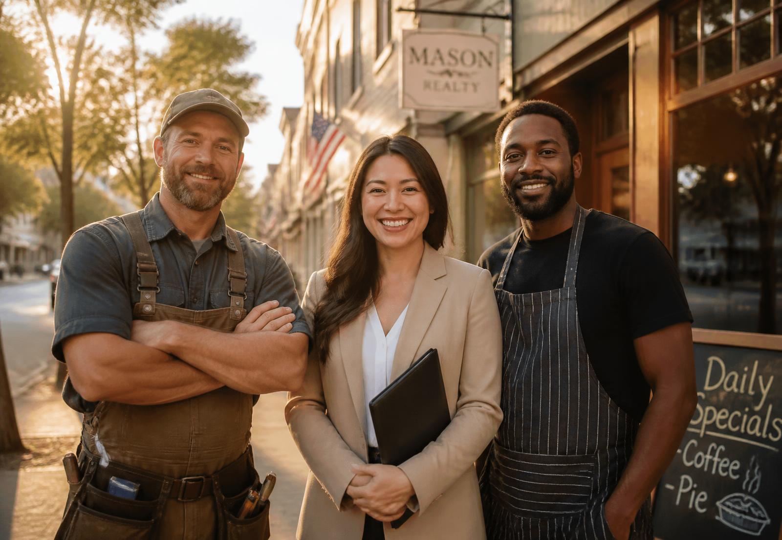 Christian local business owners standing together on a main street